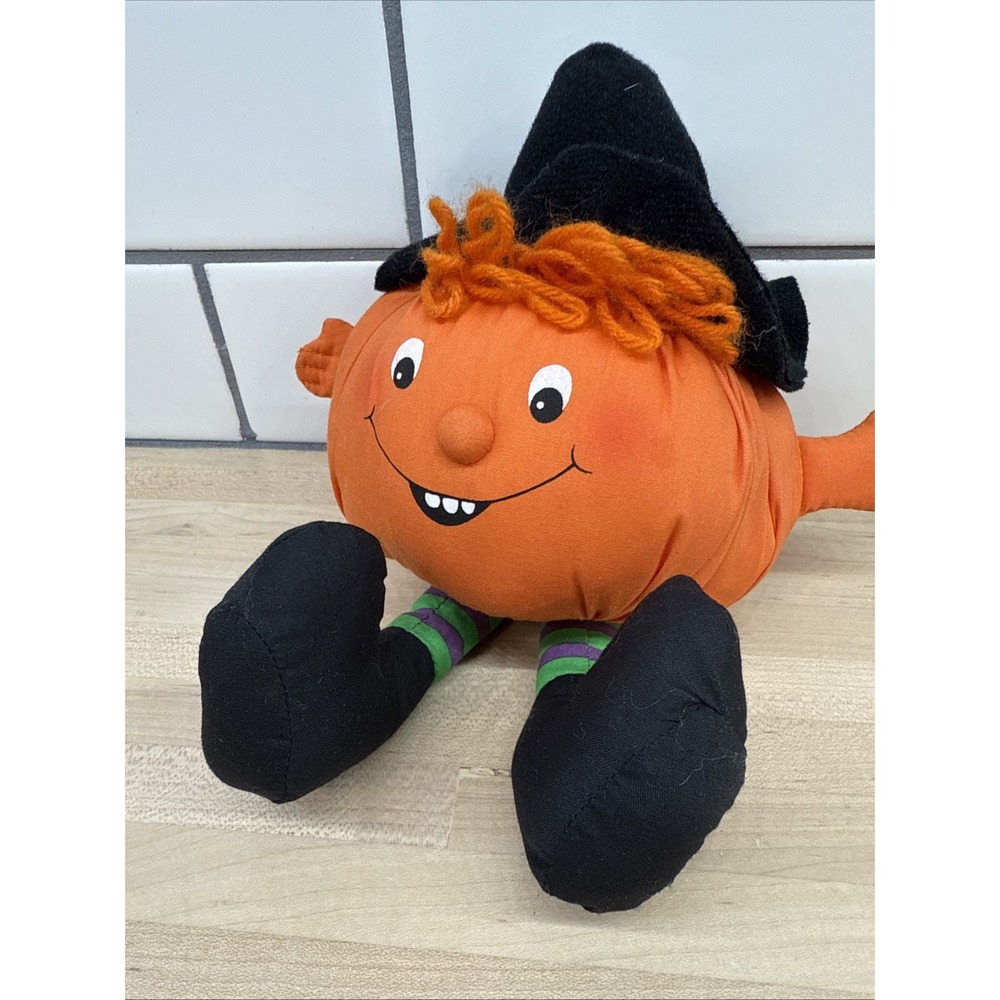 Vintage 1982 Hallmark Pumpkin With Witch Hat Plush Halloween‎ Decor Shelf Sitter